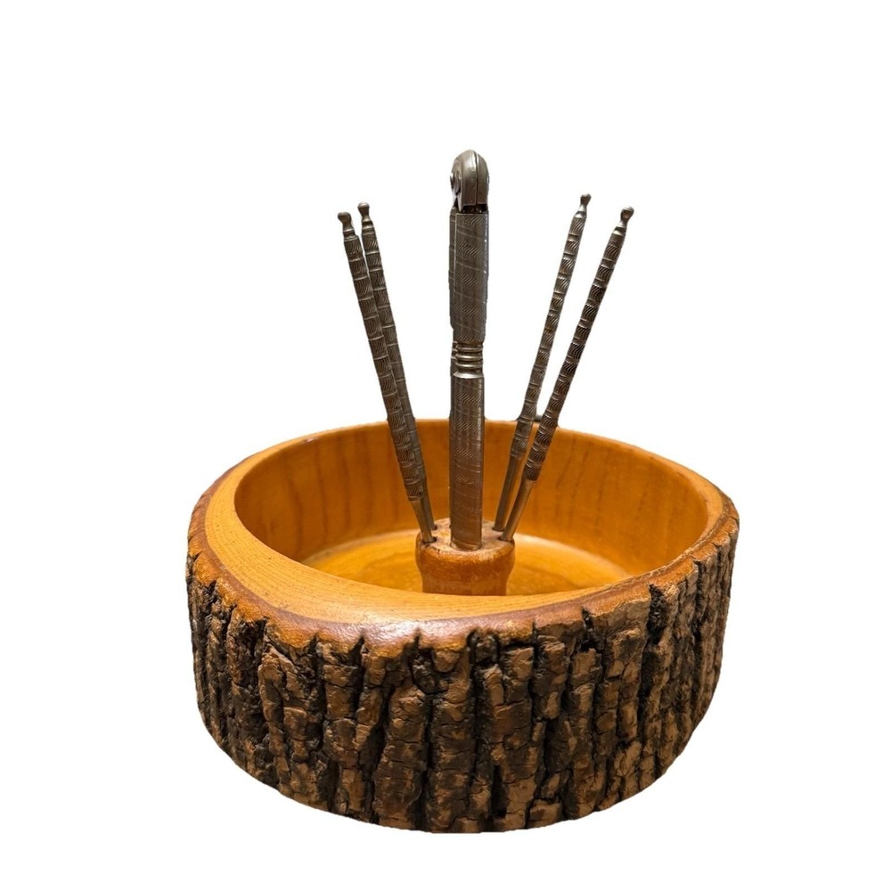 Vintage Nut Rustic Bark Wood Bowl With 4 Nut Picks & Nut Cracker Rustic MCM